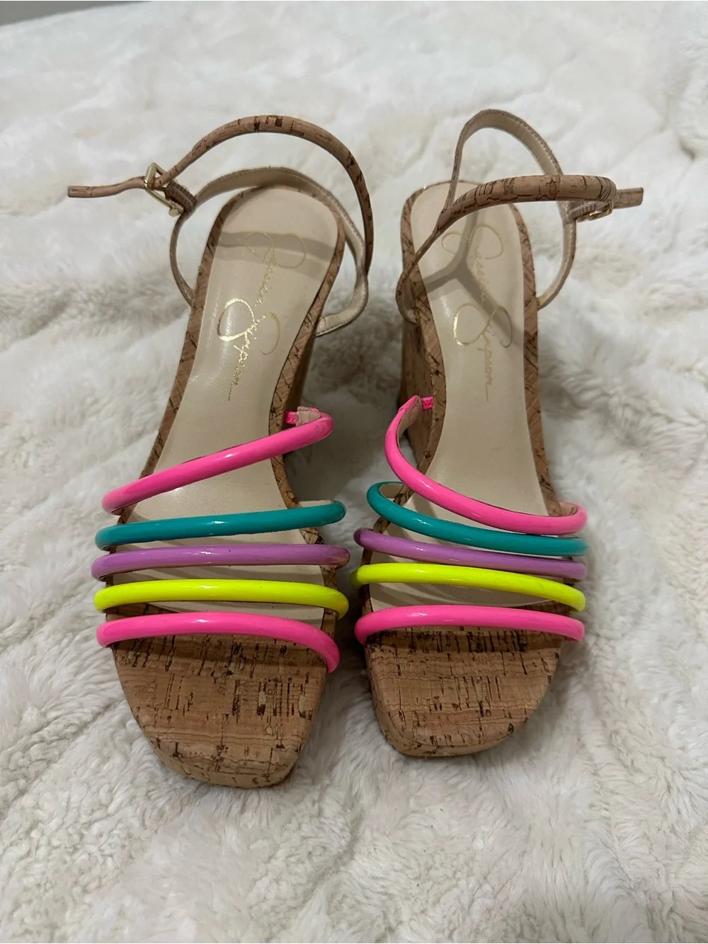 Jessica Simpson Neon Multi-Strip Cork Wedge Sandals